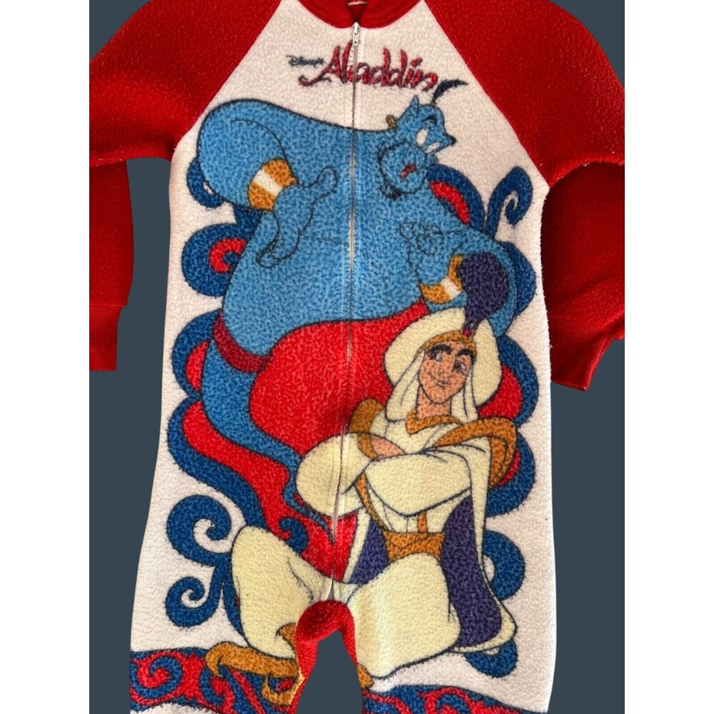 90s Disney Aladdin Fleece Pajamas Red Sleeper Suit Kids 6-8 Footsie Genie Read* - Picture 10 of 13